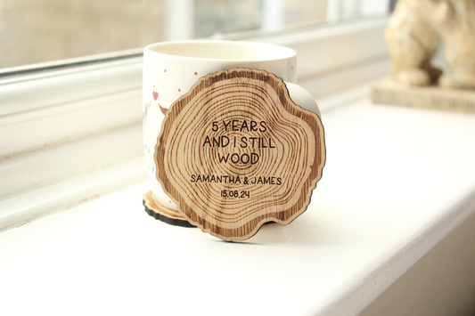 2x '5 Years and I still wood' Anniversary Coasters